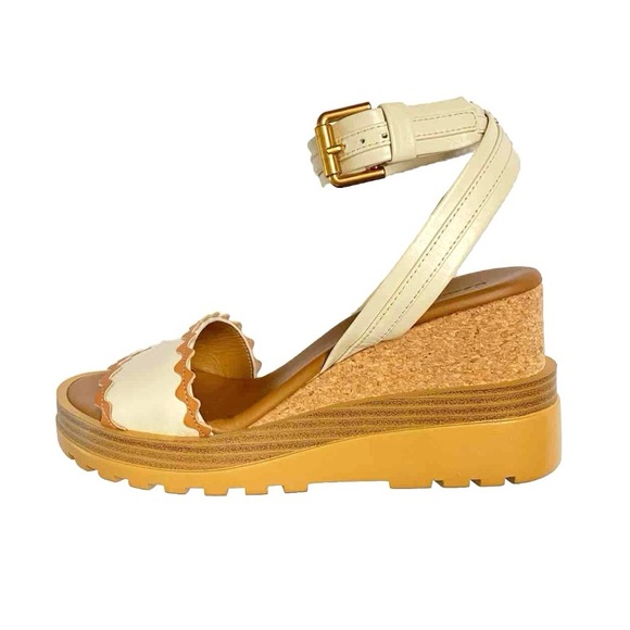 See By Chloe Shoes - SEE BY CHLOE ROBIN BROWN TAN WHITE ANKLE WRAP BICOLOR PLATFORM WEDGE SANDALS